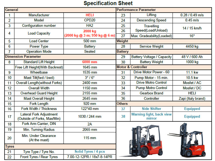 2 Tons Electric Forklift Specification 2 Tons Electric Forklift Specification